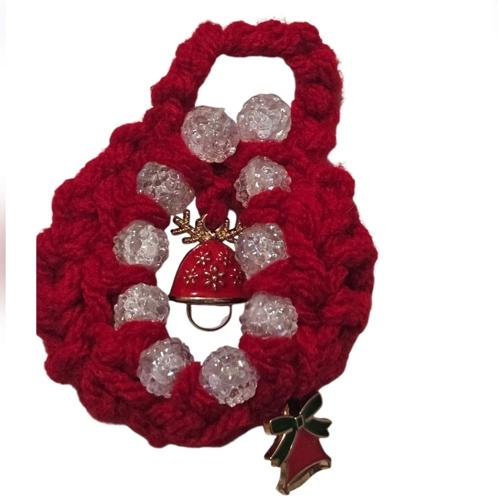 Hand Crafted Hand Crochet Christmas ornaments red beaded 8 mini holiday wreaths